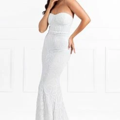 Honey Couture LA ROSA White Strapless Sequin Evening Gown Dress