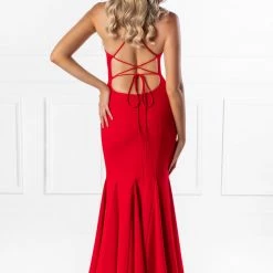 Honey Couture NEW ARRIVALS The SANCHA Red Low Back Lace Up Mermaid Evening Gown Dress