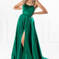 NEW ARRIVALS Honey Couture SHERRI Emerald Green Lace Up Back Satin Formal Gown