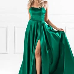 NEW ARRIVALS Honey Couture SHERRI Emerald Green Lace Up Back Satin Formal Gown