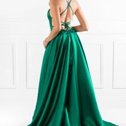NEW ARRIVALS Honey Couture SHERRI Emerald Green Lace Up Back Satin Formal Gown