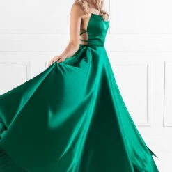 NEW ARRIVALS Honey Couture SHERRI Emerald Green Lace Up Back Satin Formal Gown