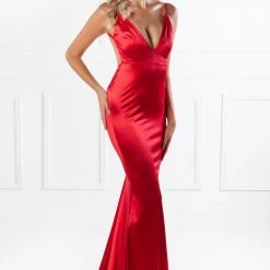Honey Couture MILEE Metallic Red Low Back Mermaid Evening Gown Dress
