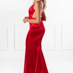 Honey Couture MILEE Metallic Red Low Back Mermaid Evening Gown Dress