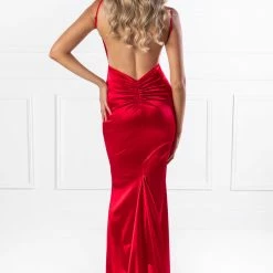 Honey Couture MILEE Metallic Red Low Back Mermaid Evening Gown Dress
