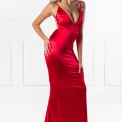 Honey Couture MILEE Metallic Red Low Back Mermaid Evening Gown Dress