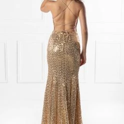 One Honey Boutique The NIKEETA Gold Sequin Corset Back Mermaid Formal Gown NEW ARRIVALS