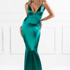 Honey Couture MILEE Emerald Green Low Back Mermaid Evening Gown Dress