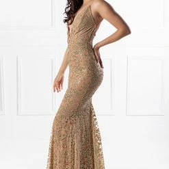NEW ARRIVALS Honey Couture ETTA Gold Lace & Glitter Overlay Mermaid Formal Gown Dress