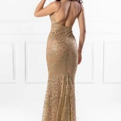 NEW ARRIVALS Honey Couture ETTA Gold Lace & Glitter Overlay Mermaid Formal Gown Dress