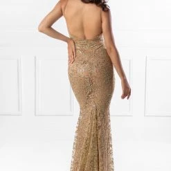 NEW ARRIVALS Honey Couture ETTA Gold Lace & Glitter Overlay Mermaid Formal Gown Dress