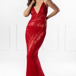 Honey Couture ROSALIE Red Low Back Sequin Formal Gown Dress