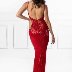 Honey Couture ROSALIE Red Low Back Sequin Formal Gown Dress