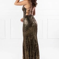 One Honey Boutique NEW ARRIVALS The NIKEETA Black & Gold Sequin Corset Back Mermaid Formal Gown