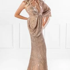 Honey Couture SHAKIRA Rose Gold One Sleeve Sequin Formal Dress NEW ARRIVALS