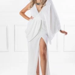 Honey Couture SHAKIRA White One Sleeve Sequin Formal Dress