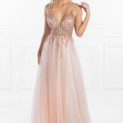 Honey Couture EDEN Blush Crystal Beaded Tulle Formal Gown