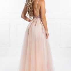 Honey Couture EDEN Blush Crystal Beaded Tulle Formal Gown
