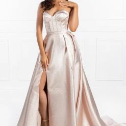 Honey Couture Made To Your Measurements Honey Couture DORIT Strapless Bustier W Over Train Skirt Metallic Fabric Formal Dress