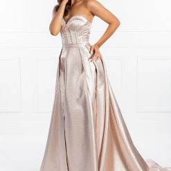 Honey Couture Made To Your Measurements Honey Couture DORIT Strapless Bustier W Over Train Skirt Metallic Fabric Formal Dress