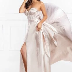 Honey Couture Made To Your Measurements Honey Couture DORIT Strapless Bustier W Over Train Skirt Metallic Fabric Formal Dress