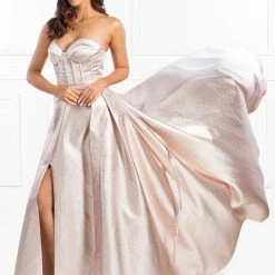 Honey Couture Made To Your Measurements Honey Couture DORIT Strapless Bustier W Over Train Skirt Metallic Fabric Formal Dress