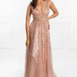 Honey Couture ENYA Rose Gold Glitter Formal Gown NEW ARRIVALS