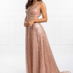 Honey Couture ENYA Rose Gold Glitter Formal Gown NEW ARRIVALS
