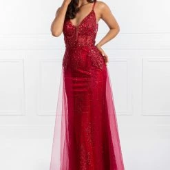 Honey Couture REBECCA Red Glitter Fabric W Tulle Overskirt Formal Dress