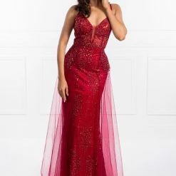 Honey Couture REBECCA Red Glitter Fabric W Tulle Overskirt Formal Dress