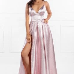 Honey Couture Made To Your Measurements NEW ARRIVALS Honey Couture LANEY Metallic Fabric Triangle Top W Full Skirt Formal Dress