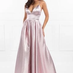 Honey Couture Made To Your Measurements NEW ARRIVALS Honey Couture LANEY Metallic Fabric Triangle Top W Full Skirt Formal Dress