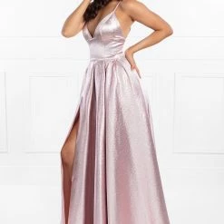 Honey Couture Made To Your Measurements NEW ARRIVALS Honey Couture LANEY Metallic Fabric Triangle Top W Full Skirt Formal Dress