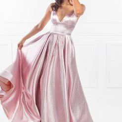 Honey Couture Made To Your Measurements NEW ARRIVALS Honey Couture LANEY Metallic Fabric Triangle Top W Full Skirt Formal Dress