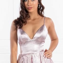 Honey Couture Made To Your Measurements NEW ARRIVALS Honey Couture LANEY Metallic Fabric Triangle Top W Full Skirt Formal Dress