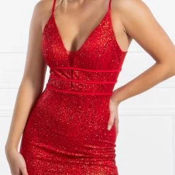 Honey Couture SARAI Red Glitter Mermaid Evening Gown Dress