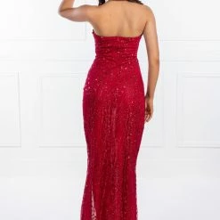NEW ARRIVALS Honey Couture EMILYA Red Strapless Glitter Overlay Evening Gown Dress