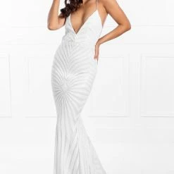 Honey Couture TILDA White Low Back Sequin Mermaid Formal Gown Dress