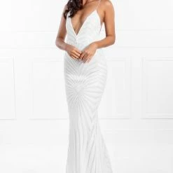 Honey Couture TILDA White Low Back Sequin Mermaid Formal Gown Dress