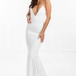 Honey Couture TILDA White Low Back Sequin Mermaid Formal Gown Dress