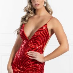 Honey Couture TILDA Red Low Back Sequin Formal Gown Dress