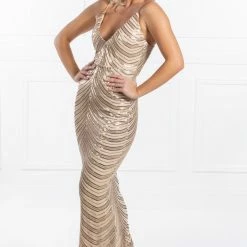 Honey Couture SUZI Gold Sequin Mermaid Formal Gown Dress