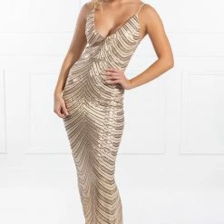Honey Couture SUZI Gold Sequin Mermaid Formal Gown Dress