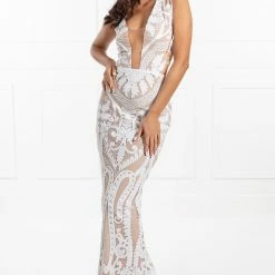 Honey Couture ALMA White & Nude Lace Sides Formal Gown Dress NEW ARRIVALS
