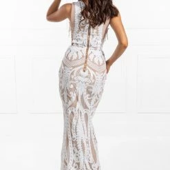 Honey Couture ALMA White & Nude Lace Sides Formal Gown Dress NEW ARRIVALS