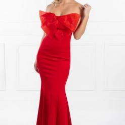 NEW ARRIVALS Honey Couture FREJA Red Bow Strapless Evening Gown Dress