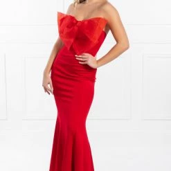NEW ARRIVALS Honey Couture FREJA Red Bow Strapless Evening Gown Dress