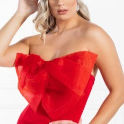 NEW ARRIVALS Honey Couture FREJA Red Bow Strapless Evening Gown Dress
