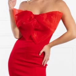 NEW ARRIVALS Honey Couture FREJA Red Bow Strapless Evening Gown Dress