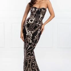 Honey Couture LA ROSA Rose Gold Strapless Sequin Evening Gown Dress NEW ARRIVALS